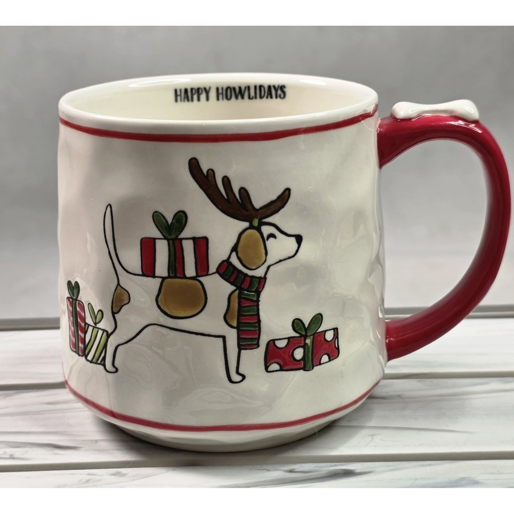 LANG CHRISTMAS COFFEE MUG HAPPY HOWLIDAYS! CERAMIC HAND PAINTED- DOG MUG